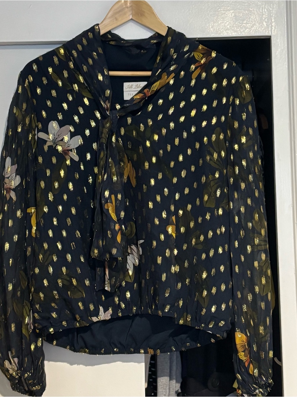 Ted Baker Silk Blend Flower Blouse Navy  with Gold Metallic Accents Size L
